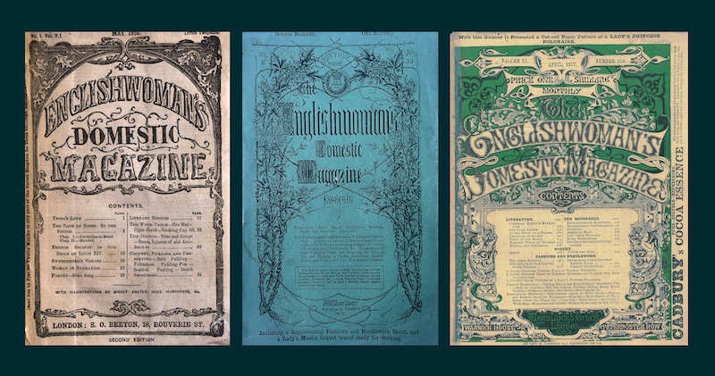 Cover images of the Englishwoman's Domestic Magazine showing designs in first series buff color, second series blue, and third series black and green